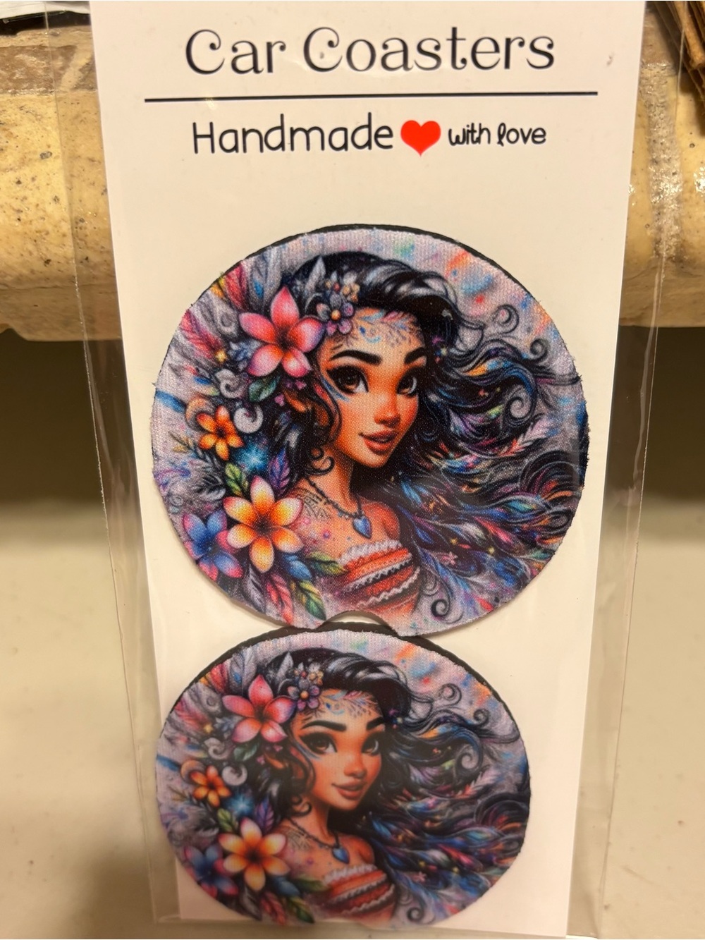 Handmade Floral Moana Car Coasters - Colorful handmade